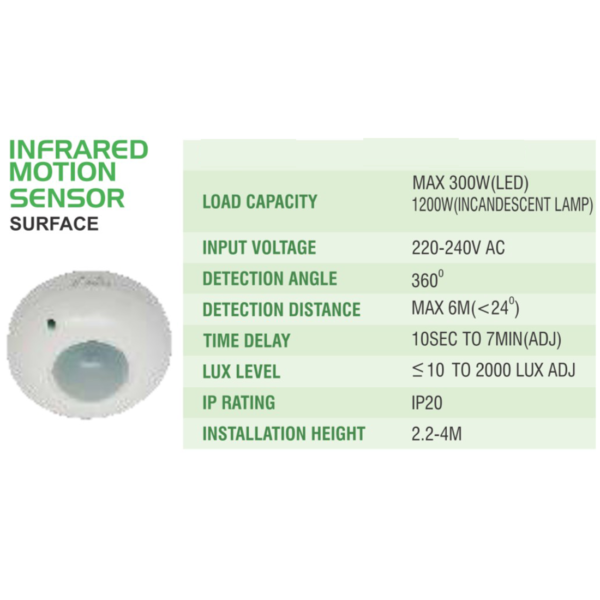 LEARC PIR motion sensor surface mounted with distance time and Lux adjustment GS1522
