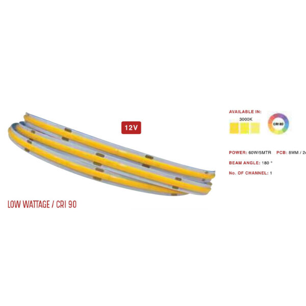 Ultra Premium COB strip 12V 320 LED per meter 60 watt 8 mm 5 meter roll without driver 3K MEM190-3K