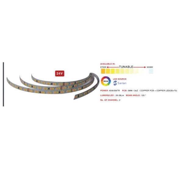Ultra premium 2025 24V 280 LED per meter strip 65 watt 5 mm colour changing tunable 5 meter roll without driver MEM201