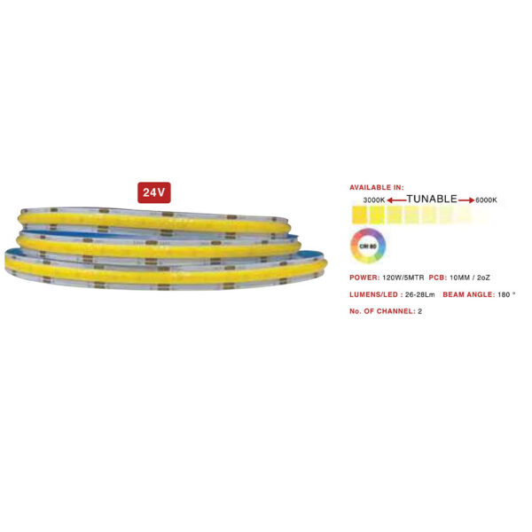 Ultra premium COB 24V 608 LED per meter strip 120 watt 10 mm colour changing tunable 5 meter roll without driver MEM203