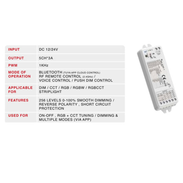 RF and Bluetooth controller for 5 channel for DIM / CCT / RGB / RGBW / RGBCCT STRIPLIGHT MEM232