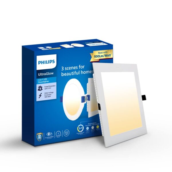 PHILIPS ULTRA GLOW 15 WATT LED RECESSED DOWNLIGHT SQUARE MULTICOLOUR 3 IN 1 PH1416